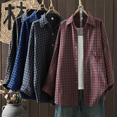 批发实拍大码2026新品女装宽松长袖休闲百搭<b class='q'>格子</b>单排扣<b class='q'>衬衣</b>