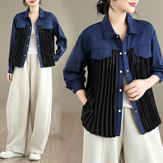 批发实拍日系2025秋新款拼接压褶<b class='q'>牛仔</b>上衣后背百褶上衣