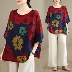 批发实拍2026夏季新品麻棉民族风<b class='q'>蝙蝠</b>袖宽松大码圆领T恤女