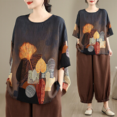 批发实拍2026夏季新品麻棉民族风<b class='q'>蝙蝠</b>袖宽松大码圆领T恤女