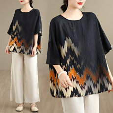 批发实拍2026夏季新品麻棉民族风<b class='q'>蝙蝠</b>袖宽松大码圆领T恤女