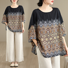 批发实拍2026夏季新品麻棉民族风<b class='q'>蝙蝠</b>袖宽松大码圆领T恤女