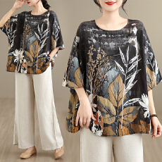 批发实拍2026夏季新品麻棉民族风<b class='q'>蝙蝠</b>袖宽松大码圆领T恤女