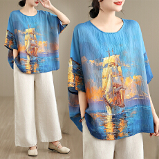 批发实拍2026夏季新品麻棉民族风<b class='q'>蝙蝠</b>袖宽松大码圆领T恤女