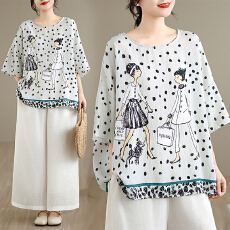 批发实拍2026夏季新品麻棉民族风<b class='q'>蝙蝠</b>袖宽松大码圆领T恤女