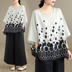 批发实拍2026夏季新品麻棉民族风<b class='q'>蝙蝠</b>袖宽松大码圆领T恤女