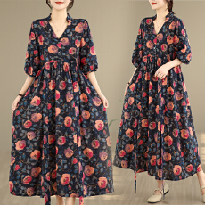 批发实拍2026棉麻印花V领宽松大码<b class='q'>胖</b>MM<b class='q'>连衣裙</b>