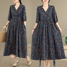 批发实拍2026棉麻印花V领宽松大码<b class='q'>胖</b>MM<b class='q'>连衣裙</b>