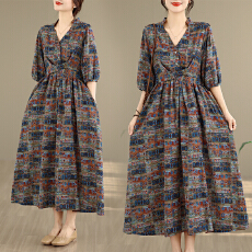 批发实拍2026棉麻印花V领宽松大码<b class='q'>胖</b>MM<b class='q'>连衣裙</b>