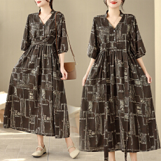 批发实拍2026棉麻印花V领宽松大码<b class='q'>胖</b>MM<b class='q'>连衣裙</b>