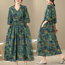 批发实拍2026棉麻印花V领宽松大码<b class='q'>胖</b>MM<b class='q'>连衣裙</b>