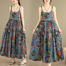批发2026实拍胖mm印花吊带裙子宽松大码<b class='q'>棉麻</b>连衣<b class='q'>长裙女</b>