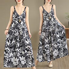 批发2026实拍浪漫度假风印花V领收腰吊带裙大码<b class='q'>棉麻</b>连衣<b class='q'>长裙女</b>