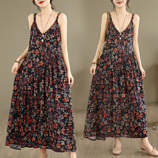 批发2026实拍浪漫度假风印花V领收腰吊带裙大码<b class='q'>棉麻</b>连衣<b class='q'>长裙女</b>