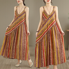 批发2026实拍浪漫度假风印花V领收腰吊带裙大码<b class='q'>棉麻</b>连衣<b class='q'>长裙女</b>