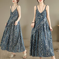 批发2026实拍浪漫度假风印花V领收腰吊带裙大码<b class='q'>棉麻</b>连衣<b class='q'>长裙女</b>