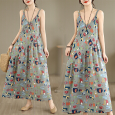 批发2026实拍浪漫度假风印花V领收腰吊带裙大码<b class='q'>棉麻</b>连衣<b class='q'>长裙女</b>