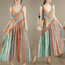 批发2026实拍浪漫度假风印花V领收腰吊带裙<b class='q'>大码</b>棉麻连衣长裙女