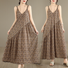批发2026实拍浪漫度假风印花V领收腰吊带裙<b class='q'>大码</b>棉麻连衣长裙女