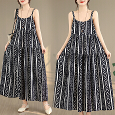 批发2026实拍胖mm印花吊带<b class='q'>裙子</b>宽松大码棉麻连衣<b class='q'>长</b>裙女