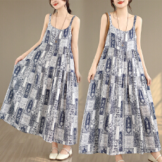 批发2026实拍胖mm印花吊带<b class='q'>裙子</b>宽松大码棉麻连衣<b class='q'>长</b>裙女