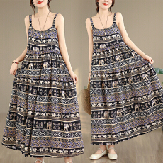批发2026实拍胖mm印花吊带<b class='q'>裙子</b>宽松大码棉麻连衣<b class='q'>长</b>裙女