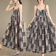 批发2026实拍胖mm印花吊带<b class='q'>裙子</b>宽松大码棉麻连衣<b class='q'>长</b>裙女