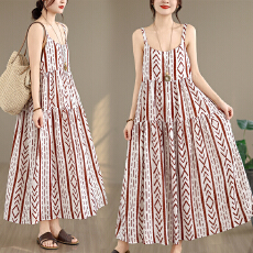 批发2026实拍胖mm印花吊带<b class='q'>裙子</b>宽松大码棉麻连衣<b class='q'>长</b>裙女
