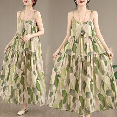 批发2026实拍胖mm印花吊带<b class='q'>裙子</b>宽松大码棉麻连衣<b class='q'>长</b>裙女