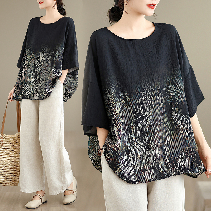 RY3571# 实拍2026夏季新品麻棉民族风蝙蝠袖宽松大码圆领T恤女