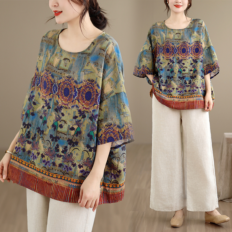 RY3570# 实拍2026夏季新品麻棉民族风蝙蝠袖宽松大码圆领T恤女