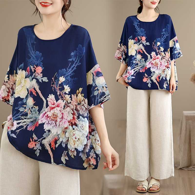 RY3569# 实拍2026夏季新品麻棉民族风蝙蝠袖宽松大码圆领T恤女