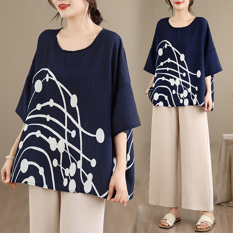 RY3568# 实拍2026夏季新品麻棉民族风蝙蝠袖宽松大码圆领T恤女