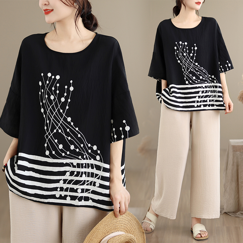 RY3567# 实拍2026夏季新品麻棉民族风蝙蝠袖宽松大码圆领T恤女