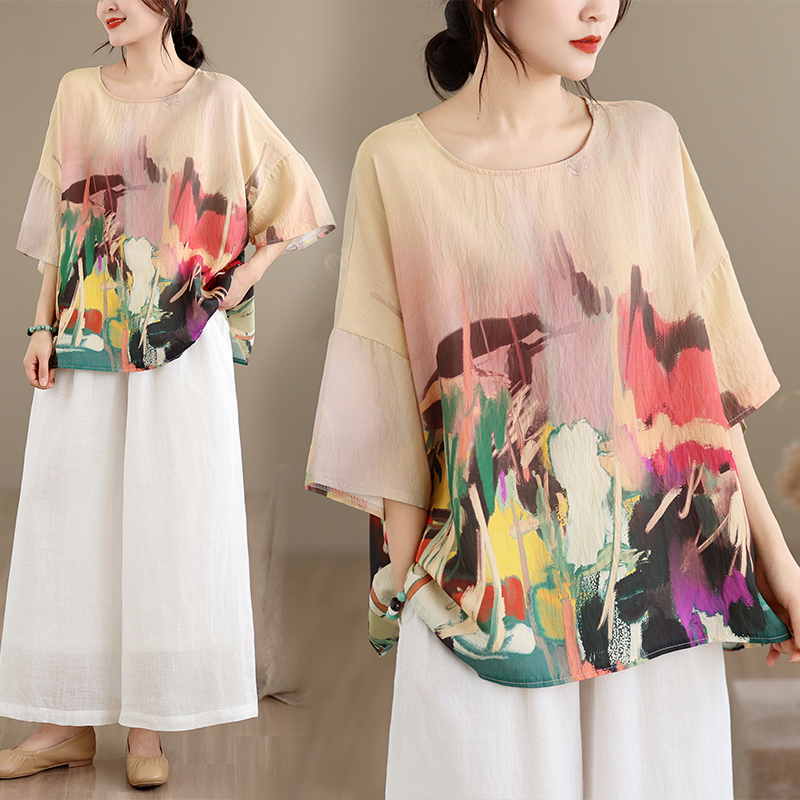 RY3566# 实拍2026夏季新品麻棉民族风蝙蝠袖宽松大码圆领T恤女