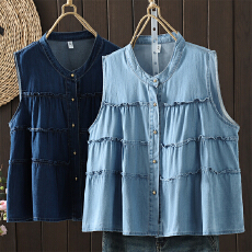 批发实拍单排扣圆领无袖<b class='q'>牛仔</b>背心衬衫短款宽松减龄上衣