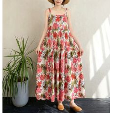 批发实拍胖mm印花吊带裙子宽松大码棉麻碎花连衣长裙女