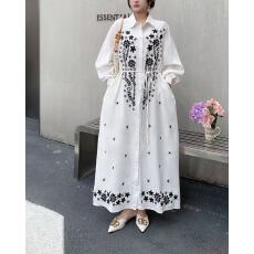 批发实拍花卉刺绣修身型夏长袖翻领收腰显瘦A字连衣裙女