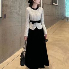 批发气质百搭小香外套+丝绒半身裙时尚套装