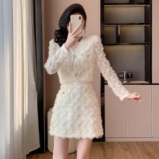 批发法式名媛小香风蕾丝套装女2026年春秋新款百搭V领上衣短裙两件套