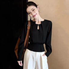 批发黑色不规则长袖衬衫女春装2026春季新款小众不撞款高级感气质