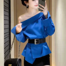 批发法式气质设计感斜领露肩<b class='q'>长袖</b>衬衫2026春夏新款通勤御姐掐腰上衣女