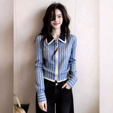 批发潮流时尚休闲舒适宽松显瘦日常通勤风蓝色<b class='q'>条纹</b><b class='q'>衬衫</b>女2026早春开衫