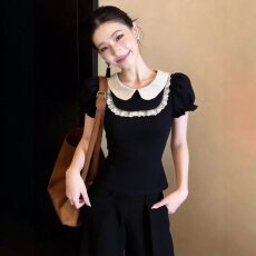 批发女装法式复古<b class='q'>娃娃领</b>蕾丝拼接泡泡袖收腰显瘦短袖上衣