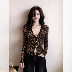 批发独特设计感豹纹v领长袖t恤开衫女春季绝美修身巨好看的漂亮小上衣