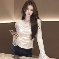 批发2026春季新款法式温柔风荡领长袖白色女收腰显瘦气质<b class='q'>百搭</b>减龄上衣