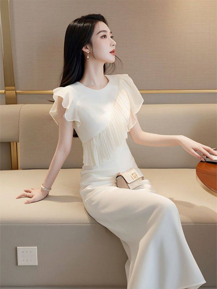 RY4977# 法式小香风白色小飞袖连衣裙子女2026新款夏季轻熟风气质收...