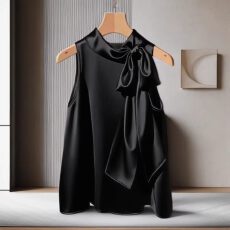 批发洋气高端别致黑色挂脖时尚小衫女轻熟法式小众蝴蝶结<b class='q'>设计</b>感上衣夏