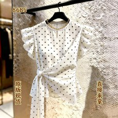 批发短袖圆领<b class='q'>女</b>装法式波点荷叶袖上衣<b class='q'>女</b>夏季显瘦系带气质小众设计感