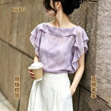 批发法式温柔风荷叶边露肩短袖上衣女夏季新款紫色轻熟优雅通勤衬衫潮